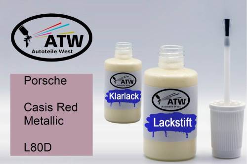 Porsche, Casis Red Metallic, L80D: 20ml Lackstift + 20ml Klarlack - Set, von ATW Autoteile West.